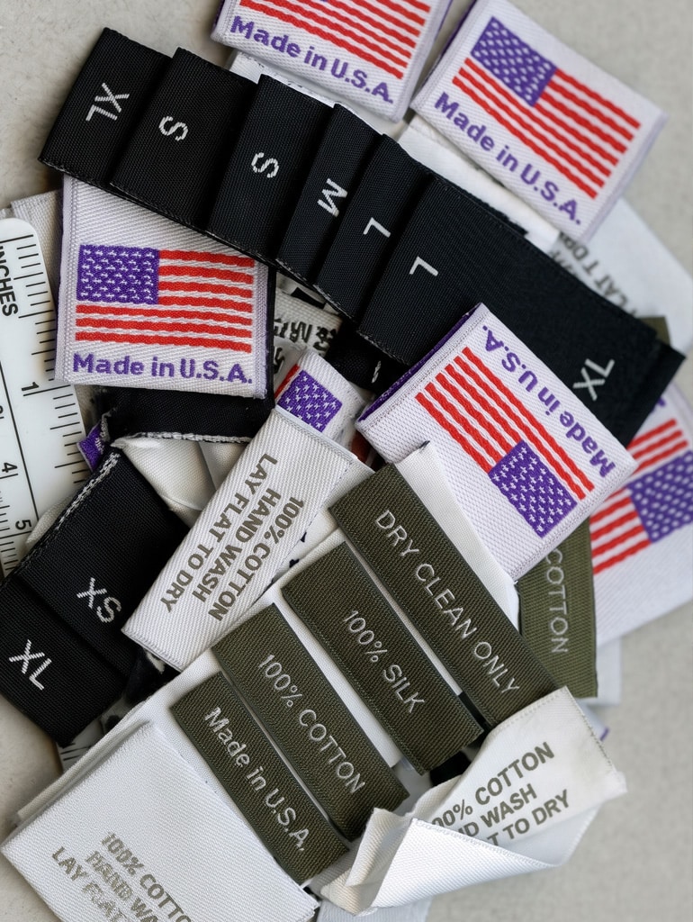 Made in USA woven stock label with black on white damask